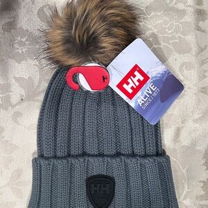Helly Hansen Charcoal Beanie with Brown Faux Fur Pom